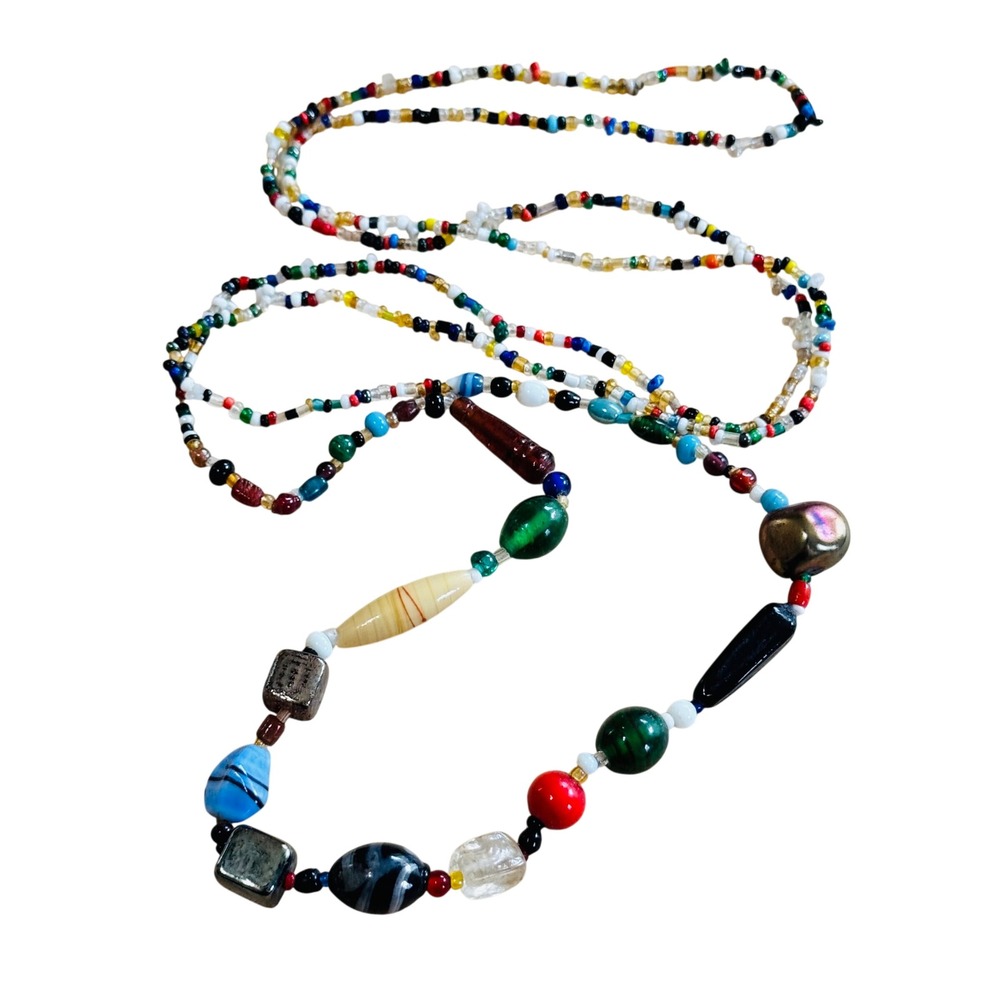 VTG BOHO Necklace Colorful Poured Art Glass Beaded Statement‎ Flapper Victorian